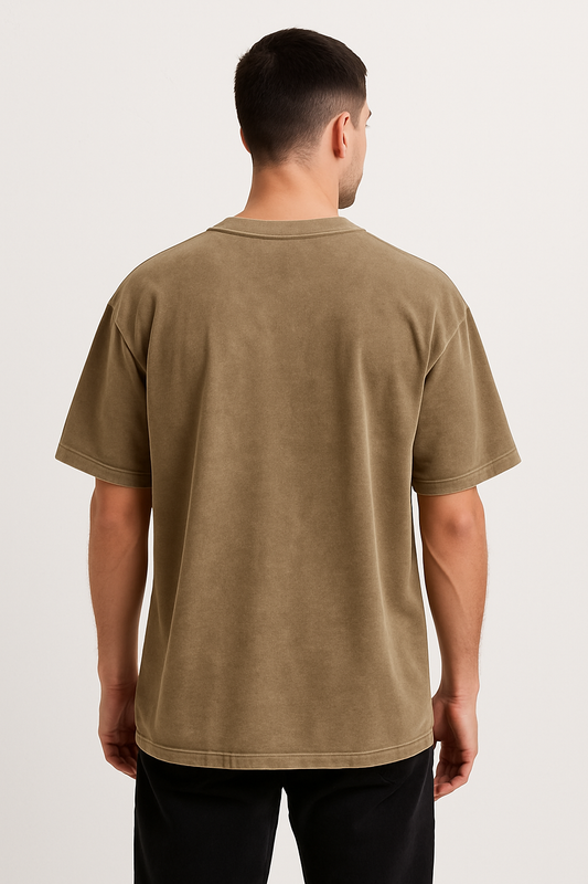 BEIGE FRENCH TERRY ACID WASH TSHIRT-240 GSM
