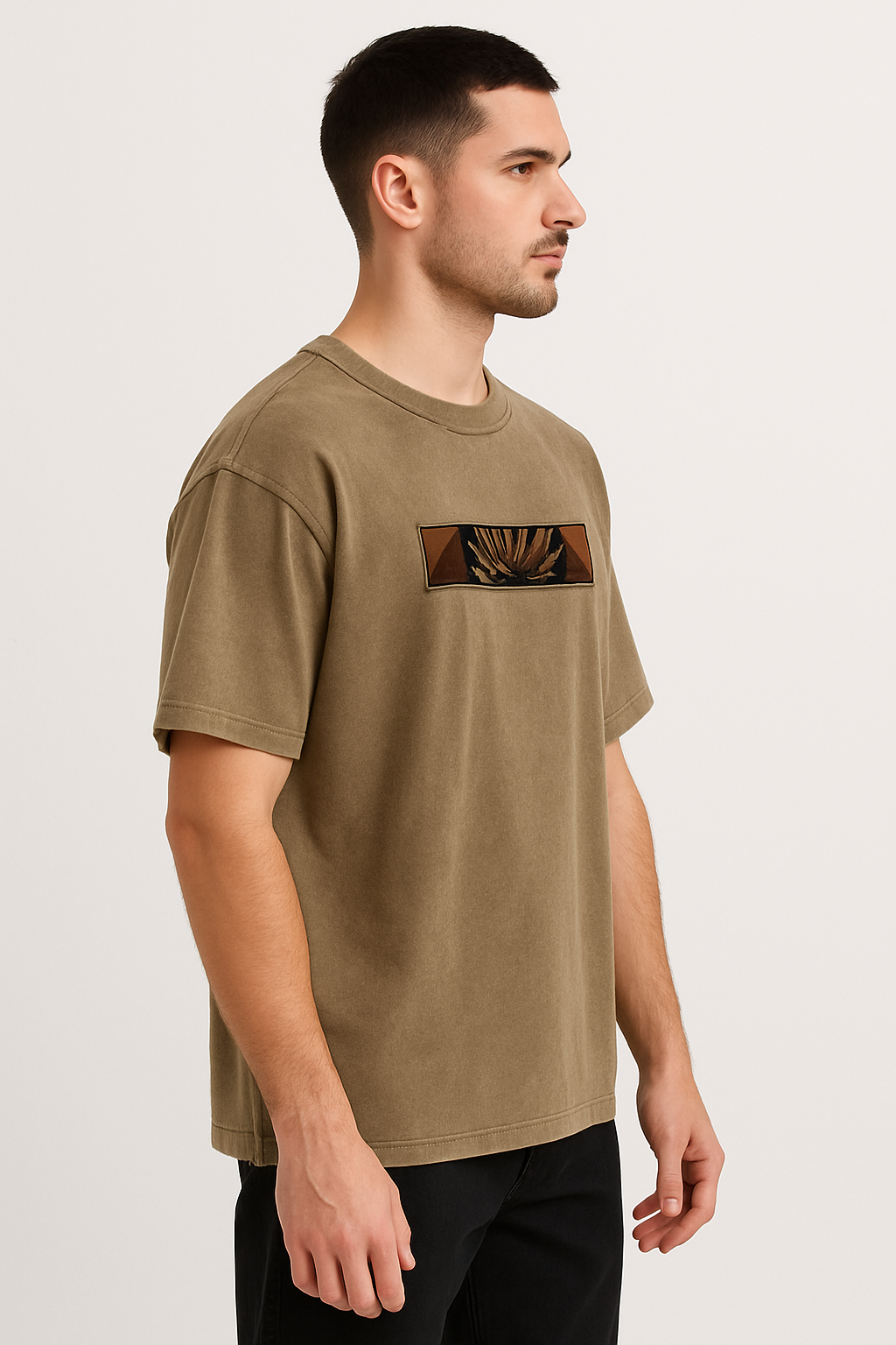 BEIGE FRENCH TERRY ACID WASH TSHIRT-240 GSM