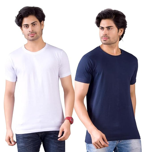 MEN'S COMBO WHITE AND NAVY BLUE PLAIN T-SHIRTS
