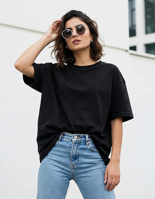 WOMEN BLACK COTTON OVERSIZED TSHIRT