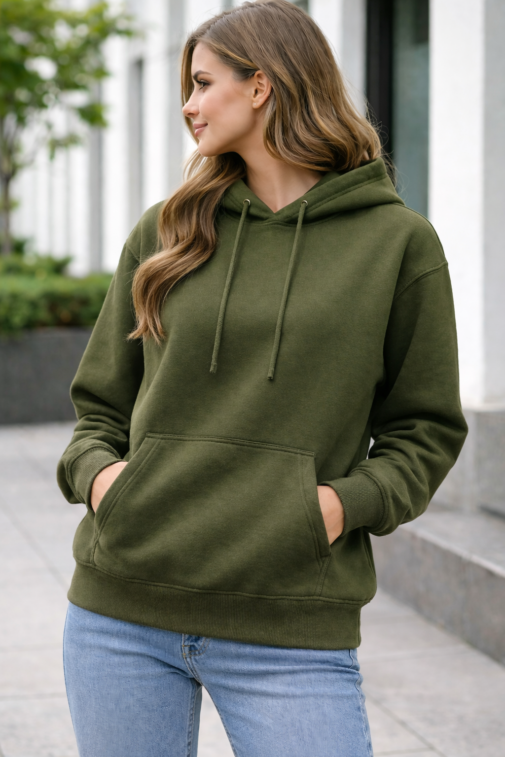 Women's Olive Green Color Regular Fit Hoodies -300 GSM