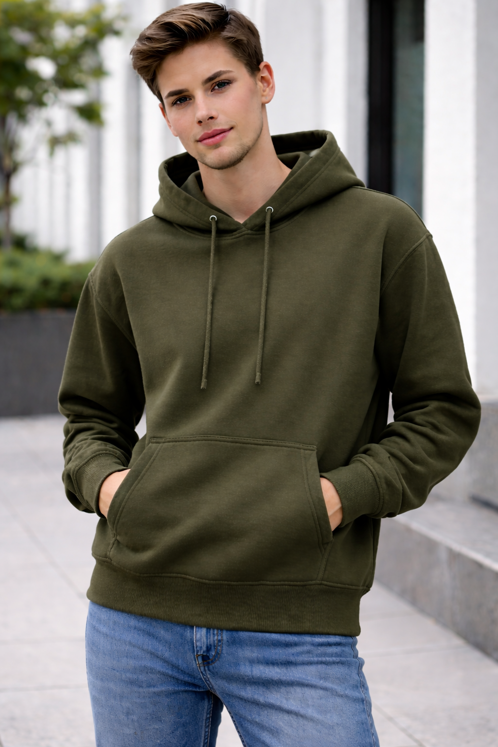 MEN'S OLIVE GREEN COLOR REGULAR FIT HOODIES -300 GSM