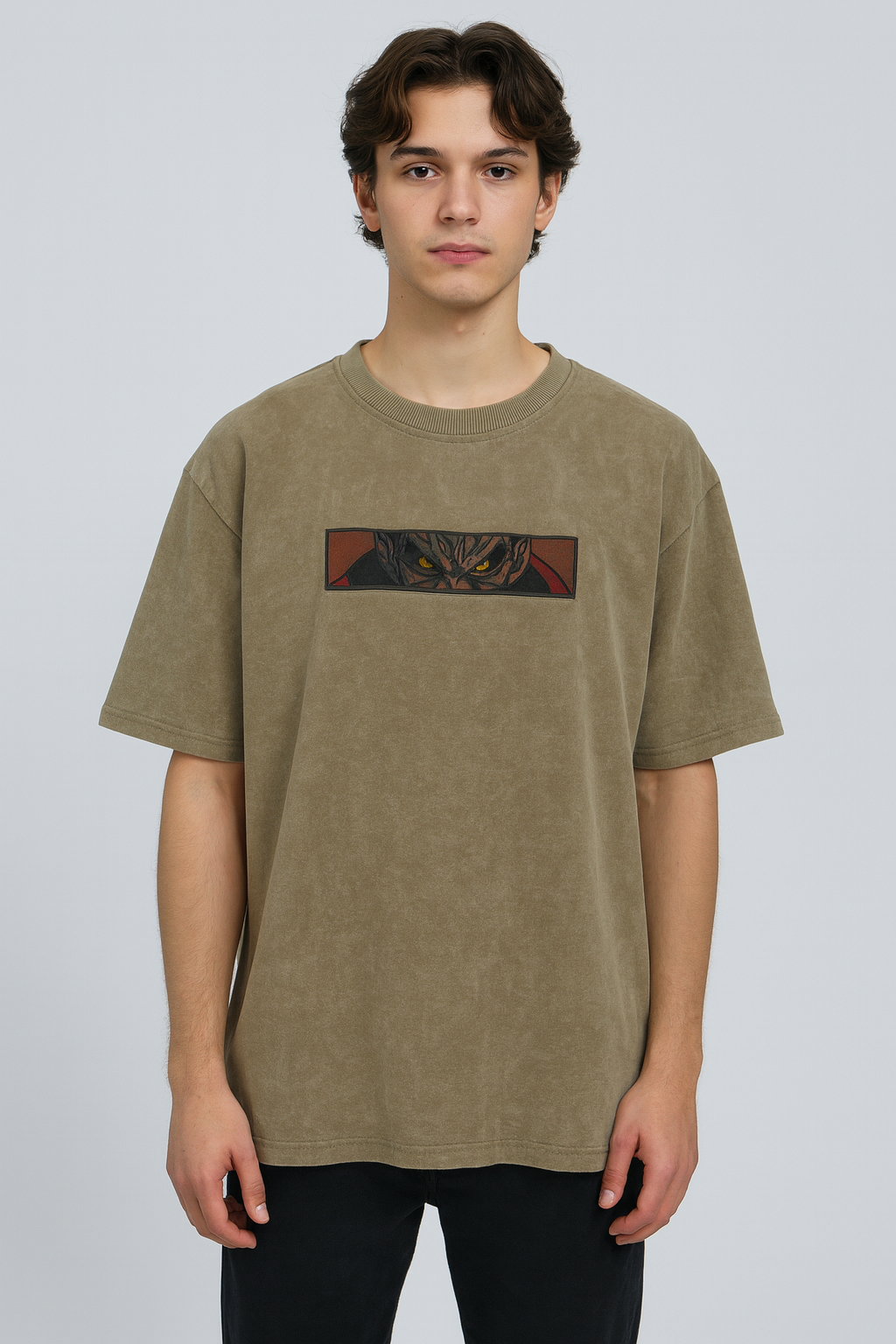 BEIGE FRENCH TERRY ACID WASH TSHIRT-240 GSM