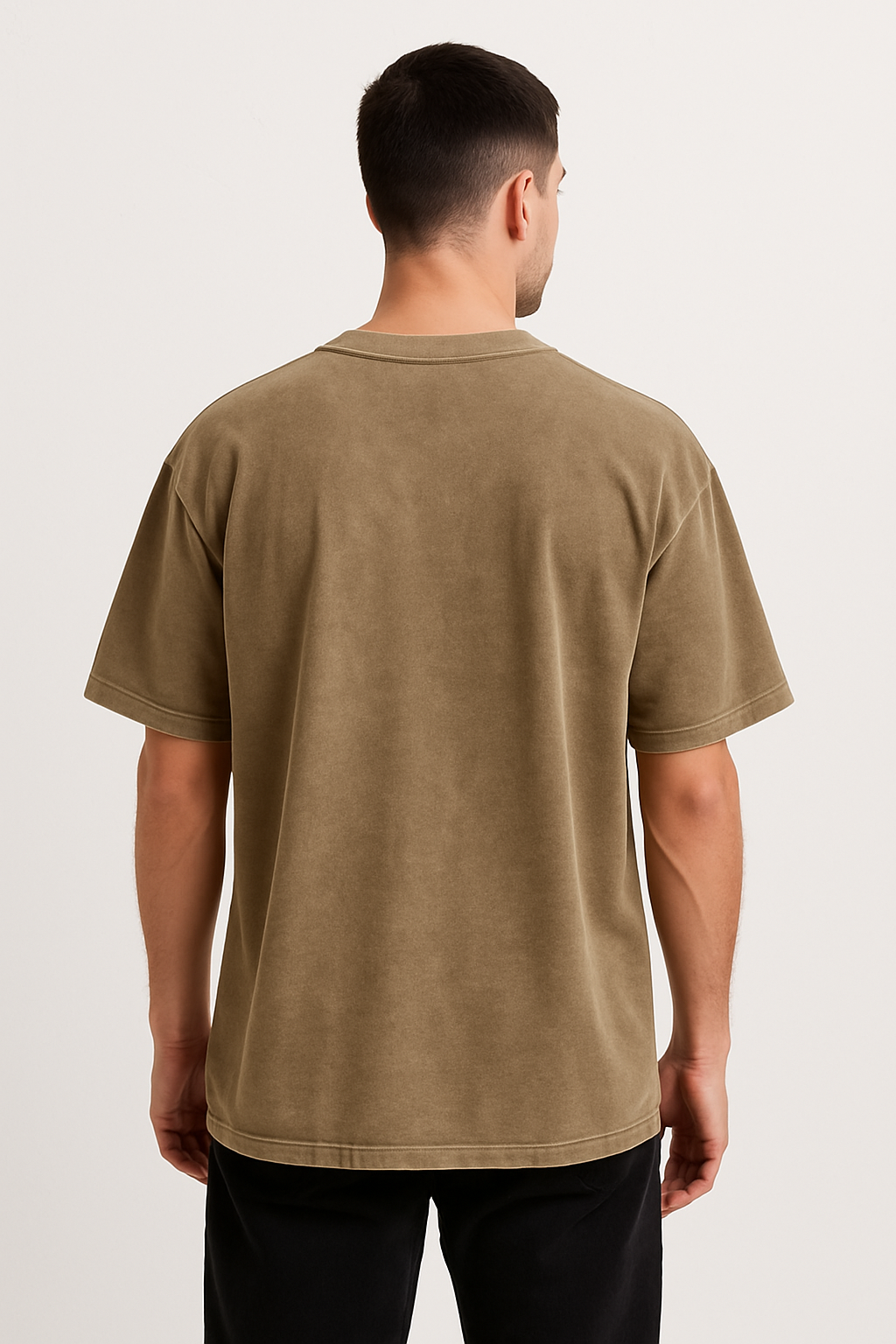 BEIGE FRENCH TERRY ACID WASH TSHIRT-240 GSM